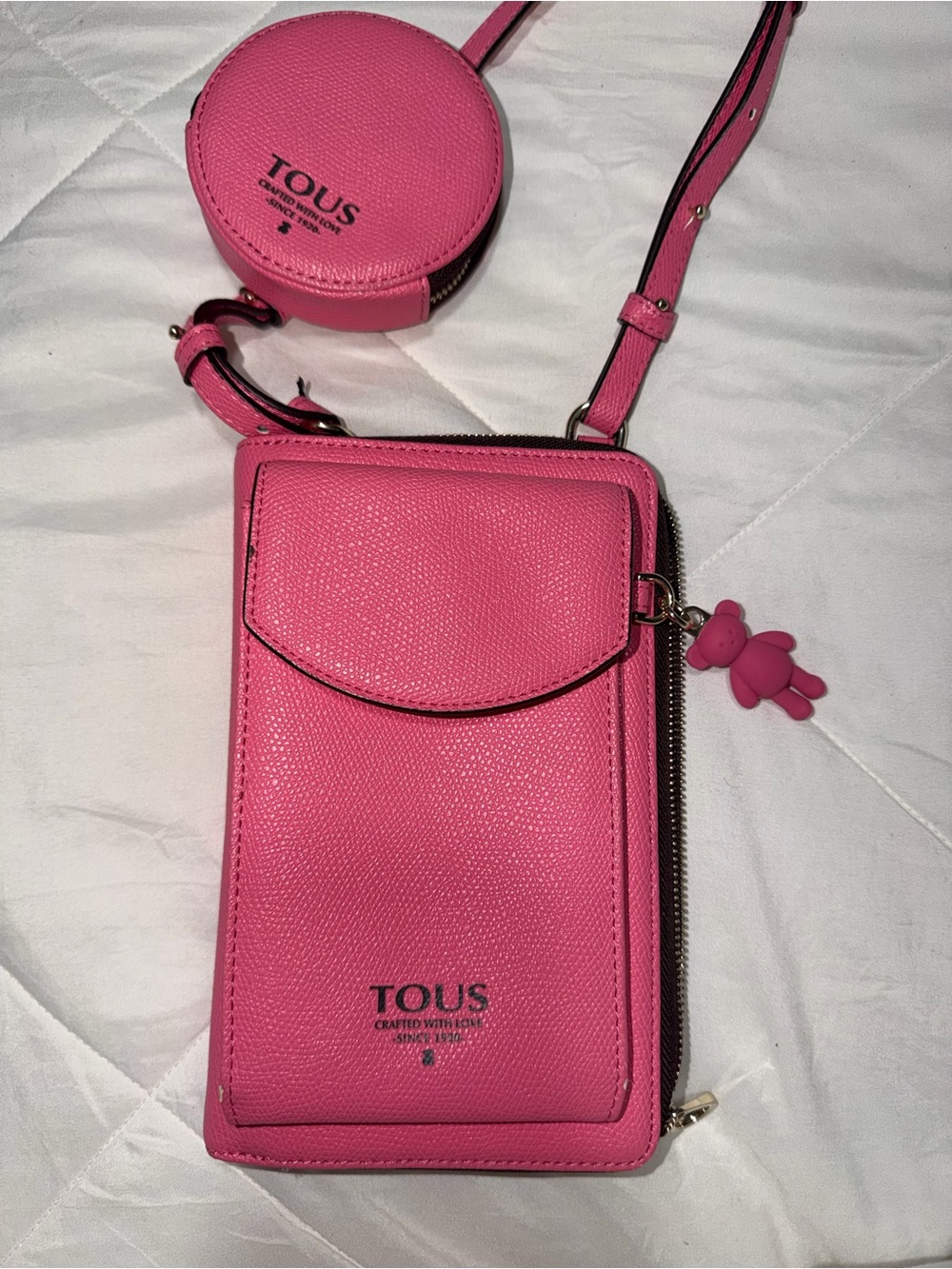 TOUS Hot Pink Leather Crossbody with Coin Case and Bear Charm